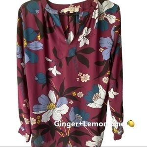 LOFT Maroon Floral Long Sleeves Sheer Blouse Sz S